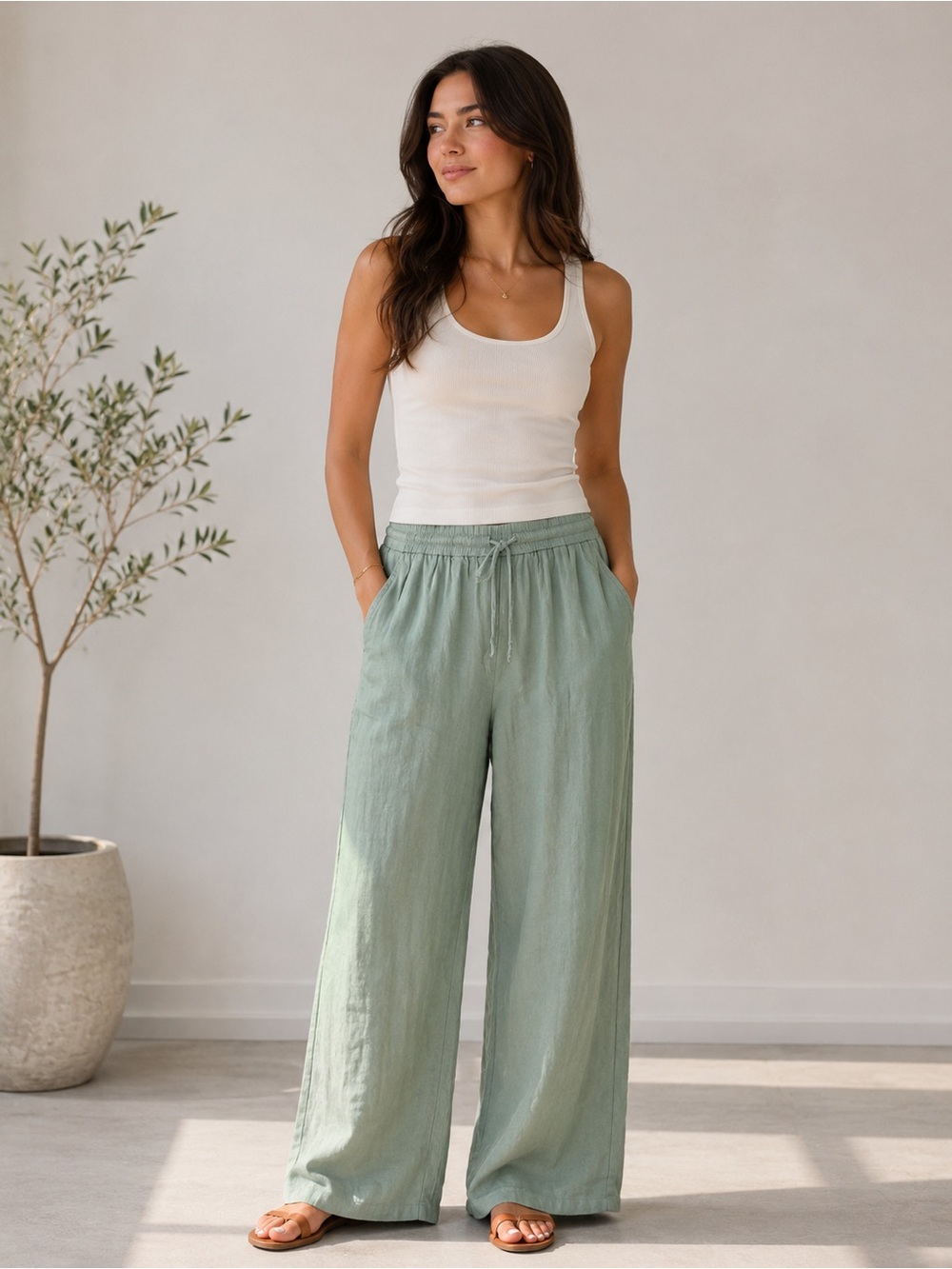 NWT Halara Linen Feel Wide Leg Drawstring Pocket Pants Sage Green M